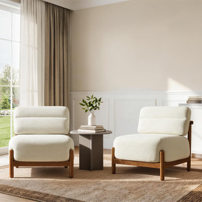 Mid Century Modern Accent Chair Set of 2, Upholstered Armless Lounge Chair with Wooden Frame and Thick Padded Seat for Living Room, Bedroom,Linen