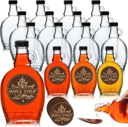 12 12 oz FoldTier Pcs Glass Maple Syrup Bottles Clear Reusable Glass Bottles with Lids Loop Handle and Maple Syrup