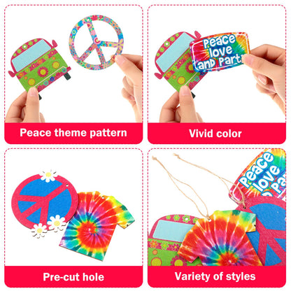 Jetec 36 Pieces 60's Hippie Groovy Party Wooden Hanging Ornaments Retro Flower Peace Sign Tie Dye Decorations for 60s 70s Hippy Vibe Birthday Baby Shower DIY Craft Supplies