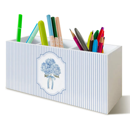 YTRGI Hydrangea Pen Pencil Holder Organizer for Desk, Hydrangea Gifts, Hydrangeas Kitchen Cooking Makeup Brush Utensil Holder, Blue and White Bow Floral Wooden Box Sign for Home Office Tabletop Decor