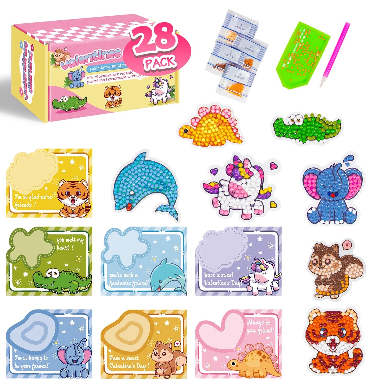 VOOADA Valentines Day Cards for Kids,Perfect 28 Pack Animal Buddies Painting Arts Crafts Kits for Kids School Classroom Birthday Party, Diamond Art Stickers Party Favors Packs for Boys Girls Gift