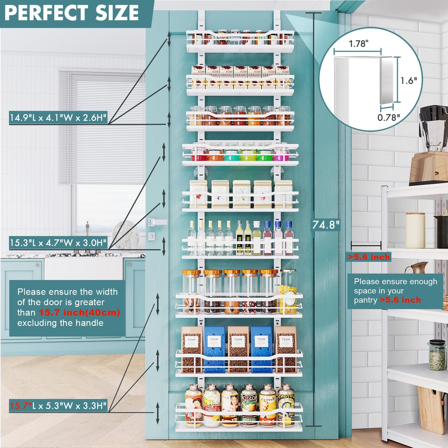 Over The Door Pantry Organizer，9-Tier Over The Door Organizer with Adjustable Basket，Metal Hanging Pantry Organizers and Storage for Kitchen, Back of Door Seasoning Rack