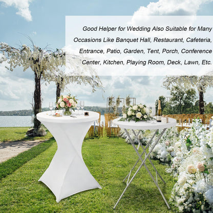 HTVSHEE 2 Set 32" Cocktail Tables Round Folding High Top Tables with Removable Legs & 2 White Stretch Table Cover Hightop Table for Bar Indoor Parties Patio Wedding