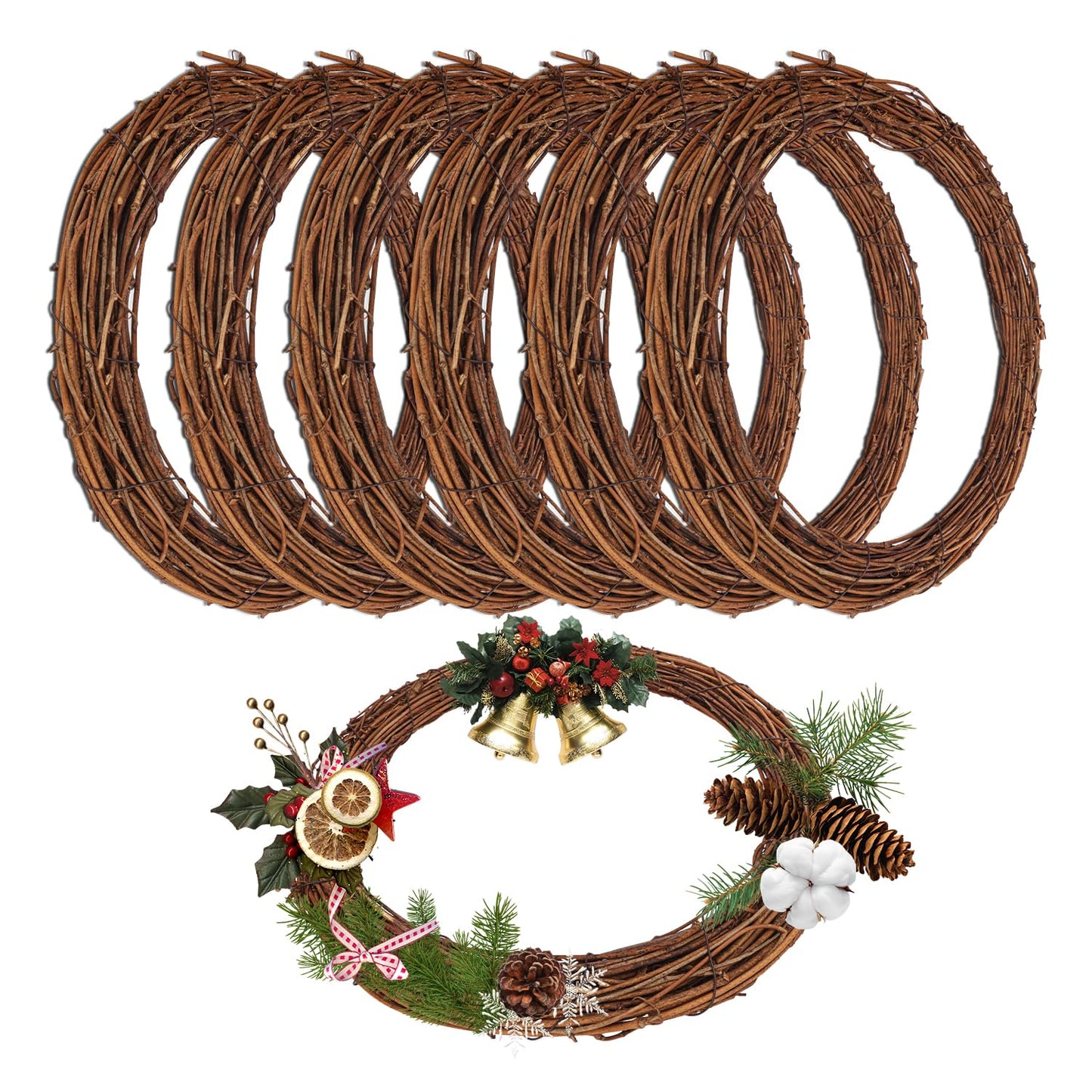 KUKLIPJIM 7 Pcs 10 Inch Natural Grapevine Wreath Set, Hand-Woven Vine Branch Wreaths for DIY Crafts, Christmas Decorations, Home & Event Styling