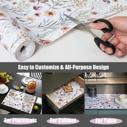 Floral Shelf and Drawer Liner for Kitchen Cabinets,24IN x 10FT Non-Adhesive and Strong Non-Slip Cabinet Drawer Liners for Kitchen Shelf, Waterproof Cupboard Liners,Easy to Clean