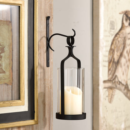 Souliron Hanging Hurricane Glass Wall Sconce Candle Holder Black Metal Wall Decorations Set of 2 HLJ15-291B2