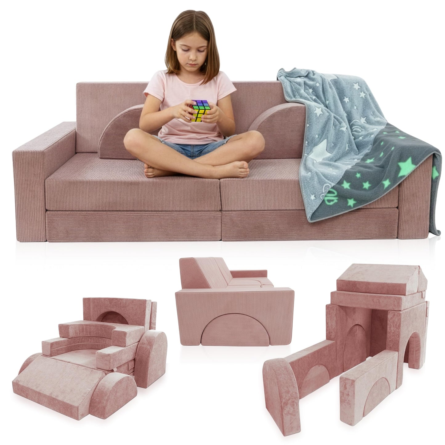 Cubby Couch 12-Piece Modular Kids Play Couch - Soft & Durable Toddler Couch with CertiPUR US Foam, Washable Covers - Playroom Furniture, Kids Sofa for Lounge, Living Room & Playroom - Pink