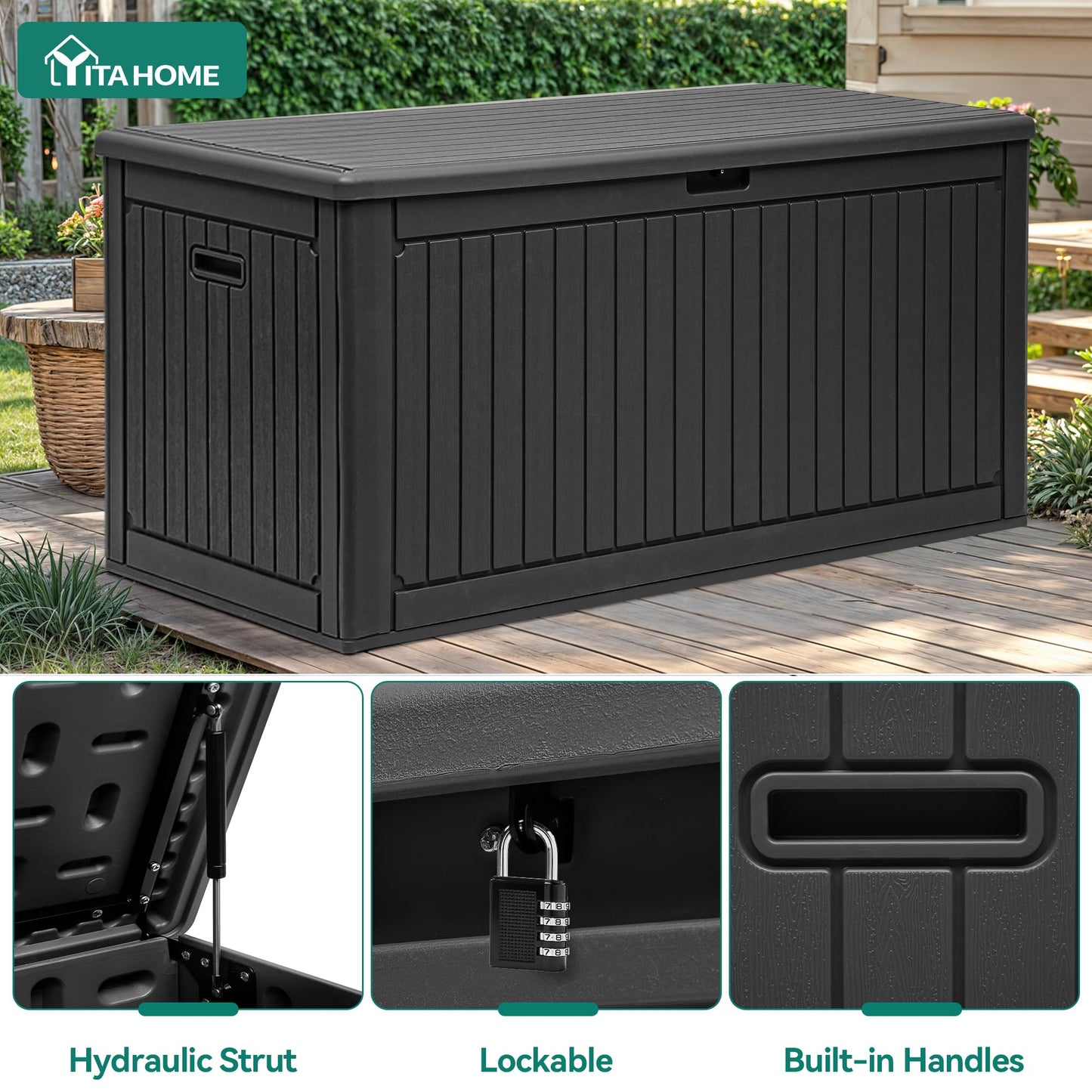 YITAHOME 320 Gallon Double-Wall Deck Box with Divider & Side Handles, Outdoor Large Storage for Patio Furniture Cushions, Garden Pool Accessories, Water Resistant & Lockable