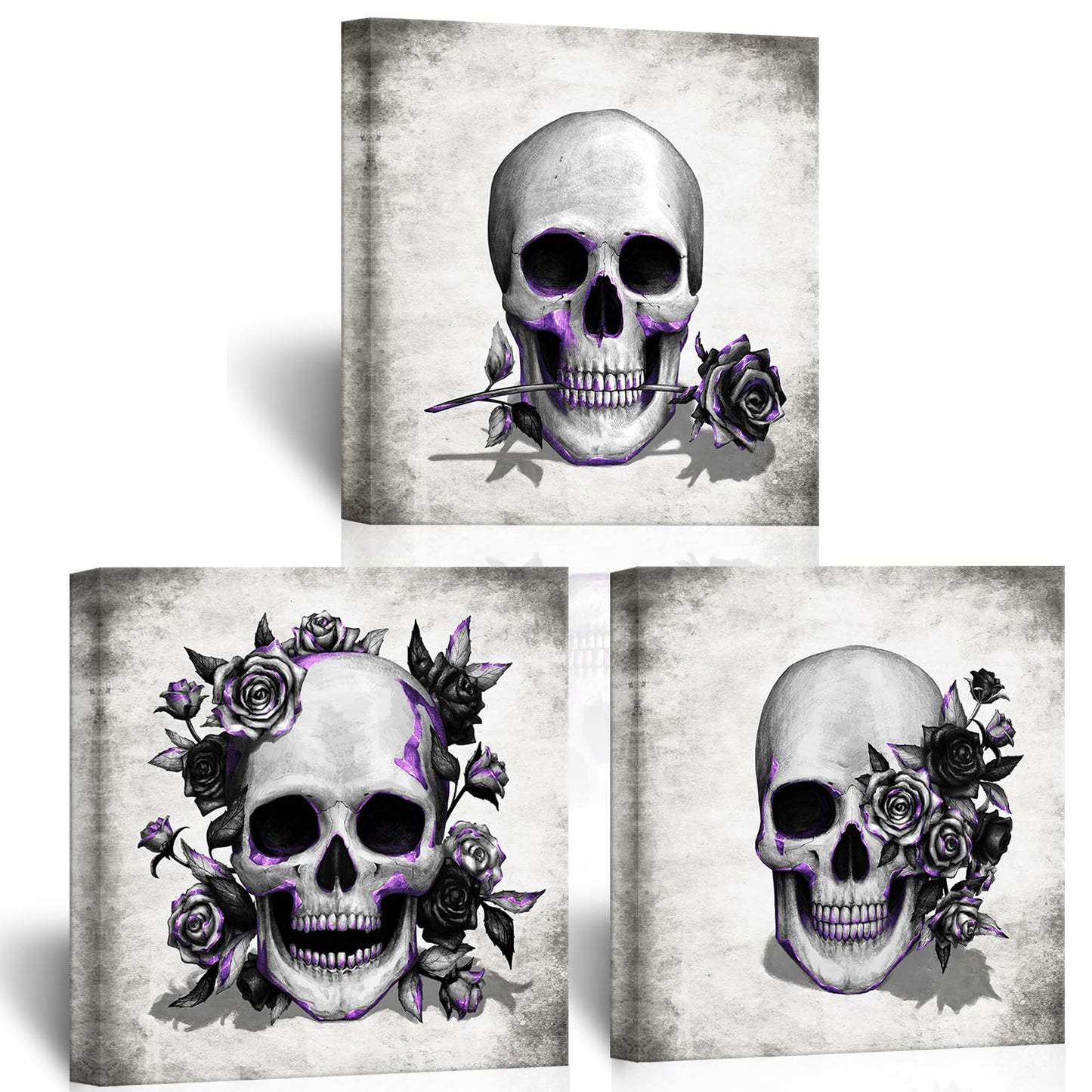 Artsbay Grey Skeleton Wall Art Skull and Rose Pictures Paintings Rustic Gothic Home Decor for Living Room Bedroom Bathroom 12" x 12" x 3PCS