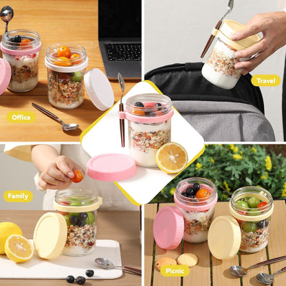 6 Pack Spoons,16 Oz (3 novelinks Overnight Oats Containers with Lids and Mason Jars, Leak Proof Overnight Oats Jars