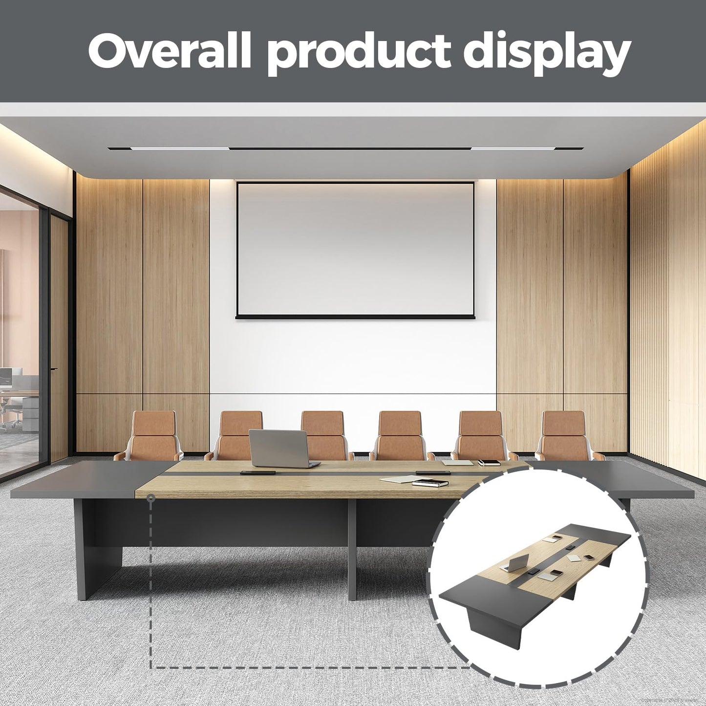 Nuipesn 95" Rectangular Conference Table, Seats 8-10, Built-in Power Outlets & USB Charging Ports, Cable Management, 2-Inch Thick Top, Oak/Grey
