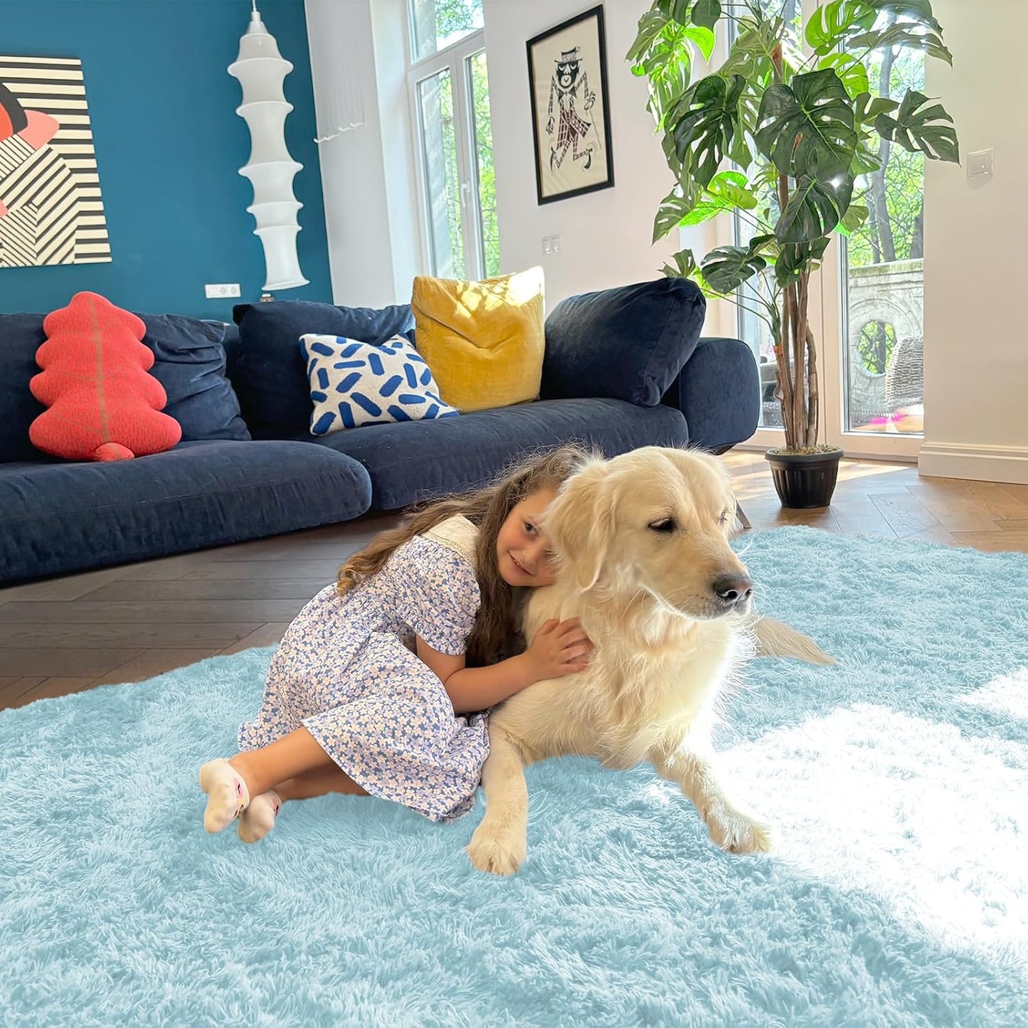 OLANLY Machine Washable Runner Rugs - Soft Fluffy Shaggy Indoor Carpet for Bedroom & Hallway | Light Blue