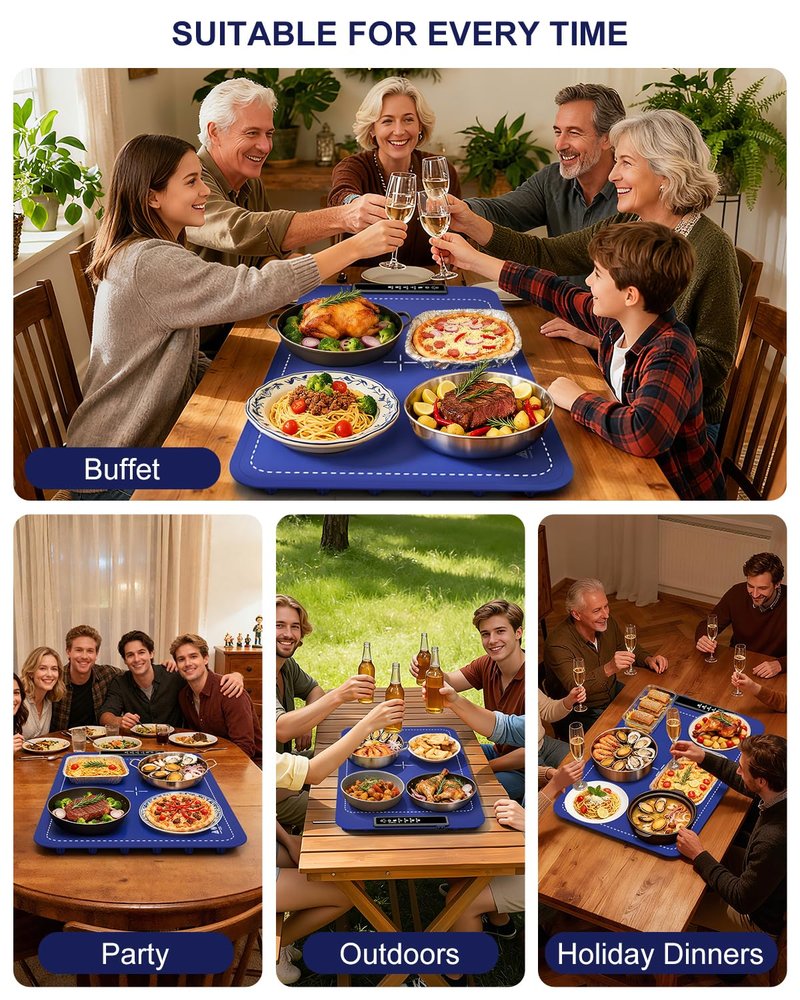 Warming Mat for Food, Electric Warming Tray for Dishes, Portable Heating Pad with 6 Hours Shut-Off, Silicone Food Warmer for Buffet, Party and Countertop with 4 Temperature Levels and Smart Timer