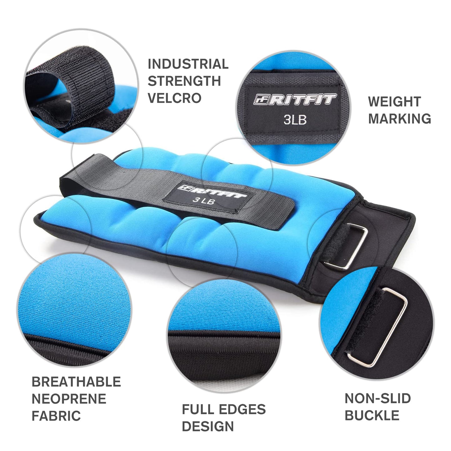 RitFit Ankle Wrist Weights for Women & Men (1 Pair) (Blue - 3 lbs Each)