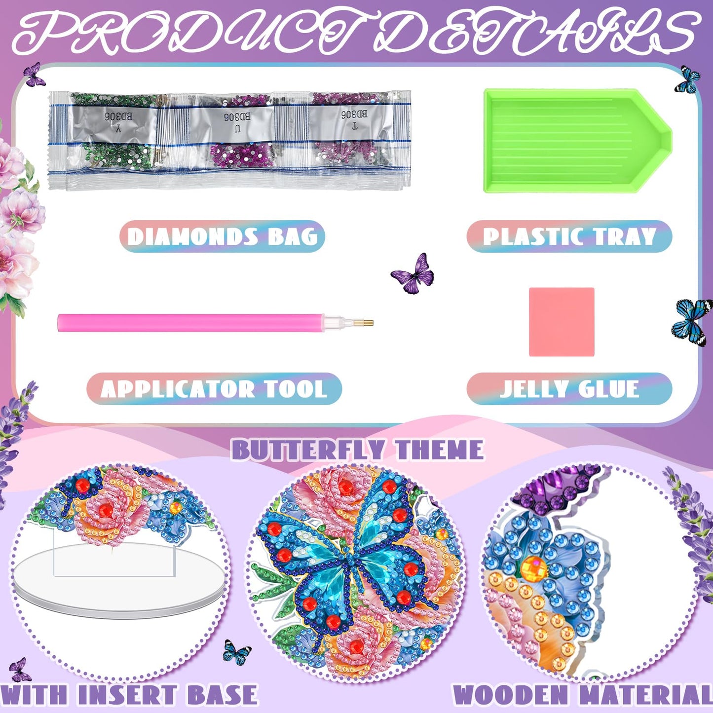 Cinnvoice 6 Pcs Diamond Art Tabletop Decorations Diamond Painting Centerpieces Dragonfly DIY Flower Desktop Art Ornaments for Table Tabletop Decor (Vertical Butterfly)