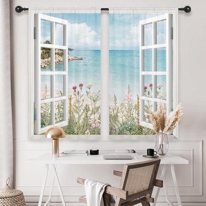 Riyidecor Ocean Beach Coastal Kitchen Curtains, Short Hawaiian Floral Scenery, 2 Panels 27.5Wx39H Inch