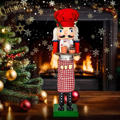 WODICY Christmas Nutcracker Décor Figures, 15 inches Chef Wooden Nutcracker Ornaments with Cup Cake and Chef hat for Kitchen Shelves Tabletop Festival Decorations Gift