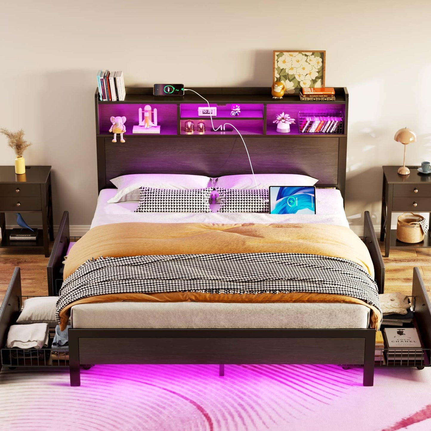 Rolanstar Full Bed Frame with Storage,4-Drawer Platform Bed with USB Charging Station,Built in LED Lights and Bookcase Headboard,No Box Spring Needed,Easy Assembly,Noise-Free,Black