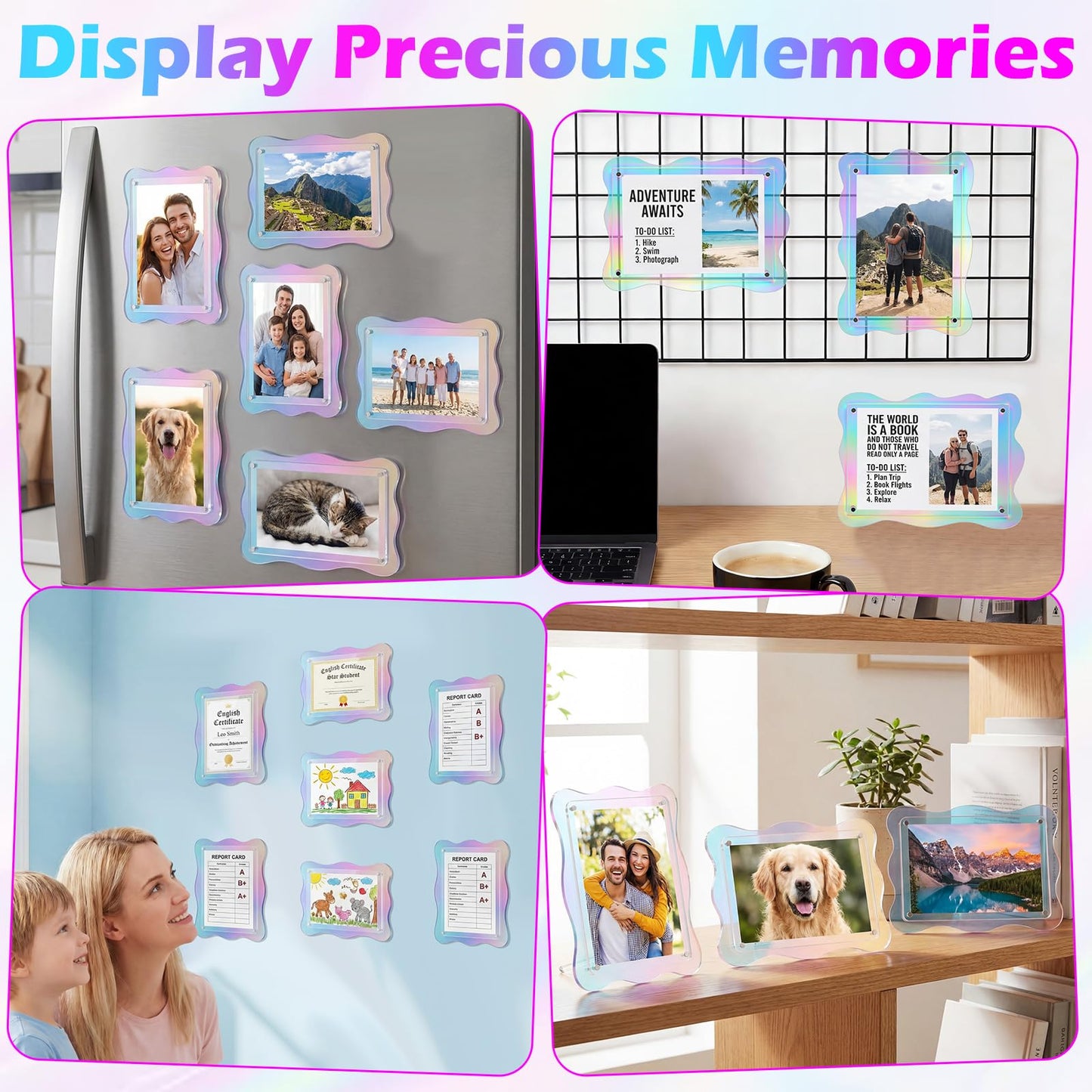 Wenqik 6 Pack Iridescent Wavy Magnet Picture Frames for Refrigerator 5 x 7 Floating Photo Frames Double Sided Magnet Photo Display with Adhesive Dots for Home Classroom