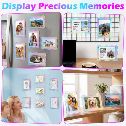 Wenqik 6 Pack Iridescent Wavy Magnet Picture Frames for Refrigerator 5 x 7 Floating Photo Frames Double Sided Magnet Photo Display with Adhesive Dots for Home Classroom