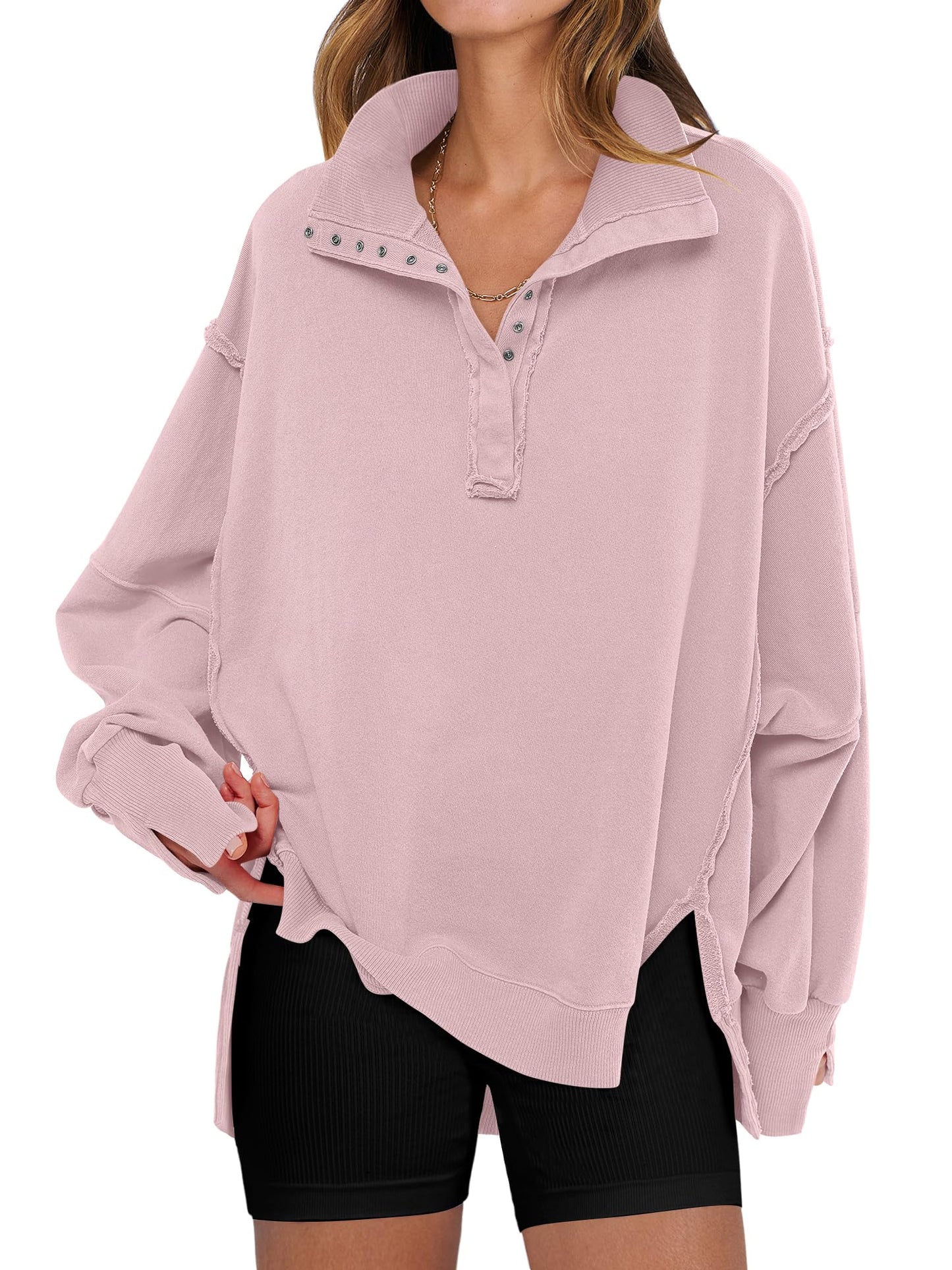 ANRABESS Women's Sweatshirts Oversized Casual Loose Button Up Henley Pullover Top High Low Split 2025 Fall Fashion Outfits