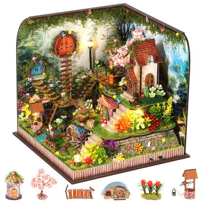 DIY Miniature House Kit, Forest Book Nook Kit with Music, 3D Wooden Puzzles for Adults, Dollhouse Kit with LED Light, Mini Building Kit, Craft Kit for Adults Teen to Build (Forest Garden)