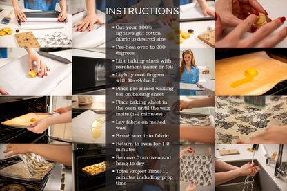 Made in USA DIY Pre Mixed Beeswax Wrap KIT- Made with Pine Resin, Beeswax & Jojoba Oil - Beeswax Wraps for Food- Make Your Own 6 Bees Wrap Sheets with 5 ml Pinon Salve for Sticky Fingers Square Shape