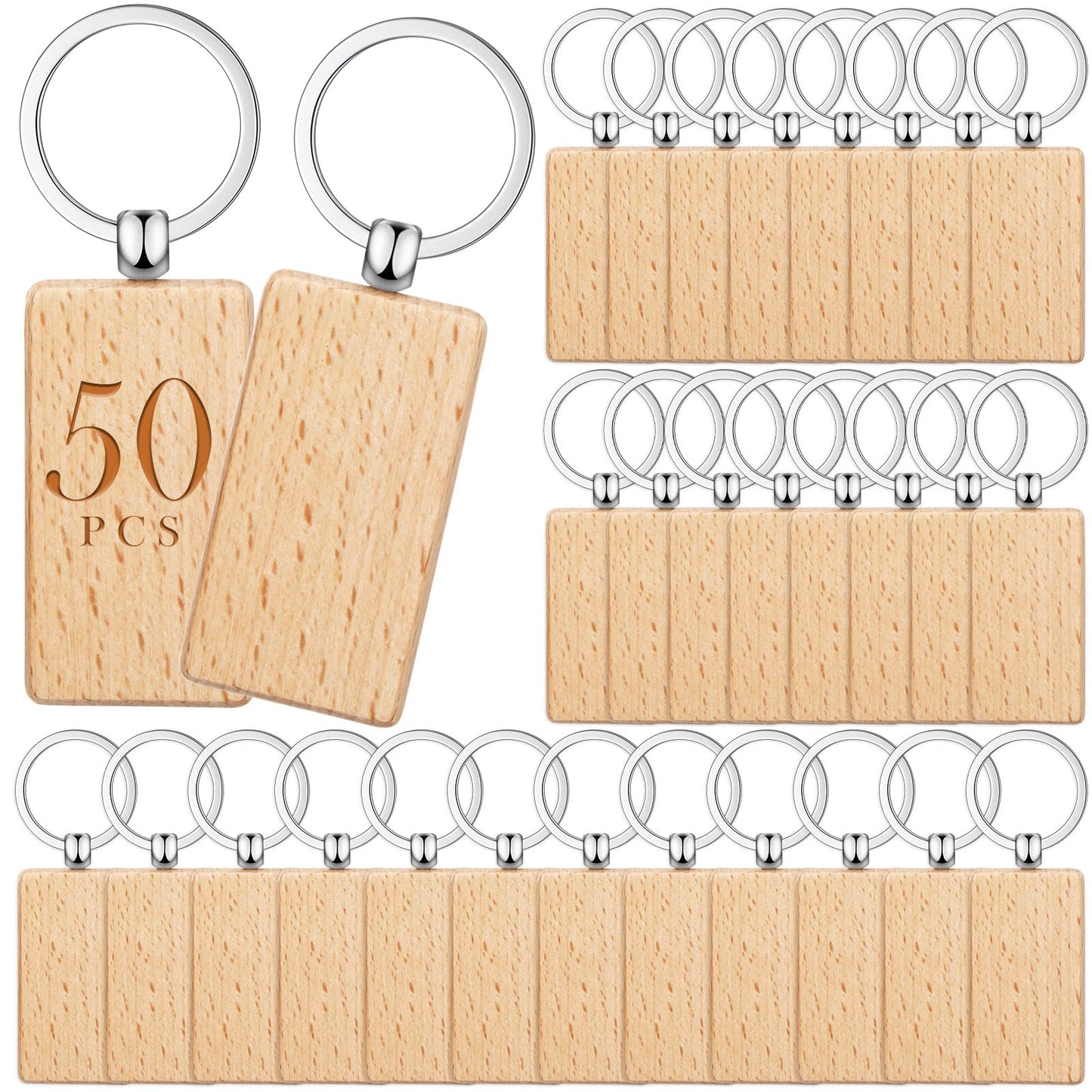 Yinkin 50 Pcs Wooden Keychain Blanks Bulk Laser Engraving Key Chain Unfinished Wooden Key Ring Tag for DIY Gift Crafts (Rectangle)