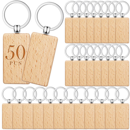 Yinkin 50 Pcs Wooden Keychain Blanks Bulk Laser Engraving Key Chain Unfinished Wooden Key Ring Tag for DIY Gift Crafts (Rectangle)