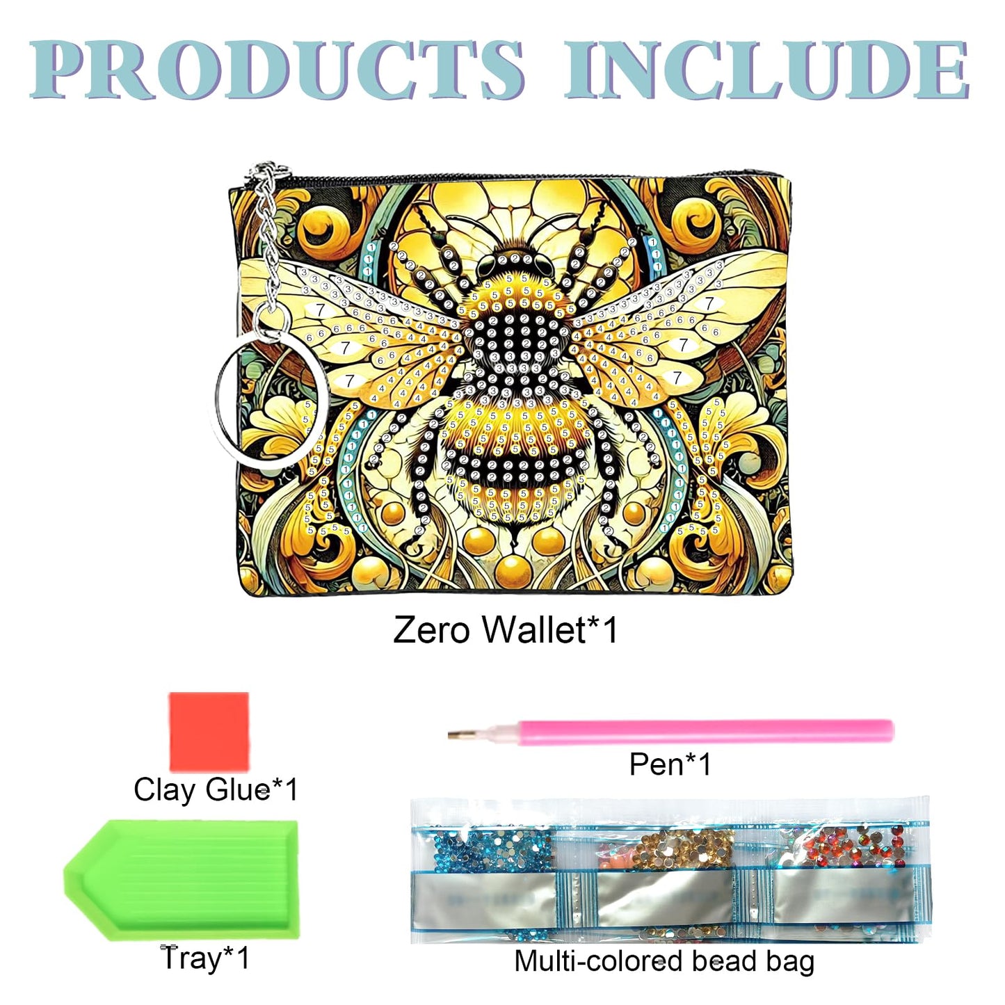 JZHYOAN Diamond Painting Small Coin Purse for Women DIY Coin Pouch Coin Purse with Zipper and Keyring Diamond Art Purses and Wallets Handbags Wallet Keychain for Cards Keys Bee