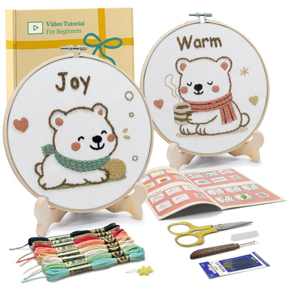 Bradove Embroidery Kit for Kids and Adults, Bears Embroidery Kit for Beginners, Easy Needlepoint Starter Kit with 2 Display Stands