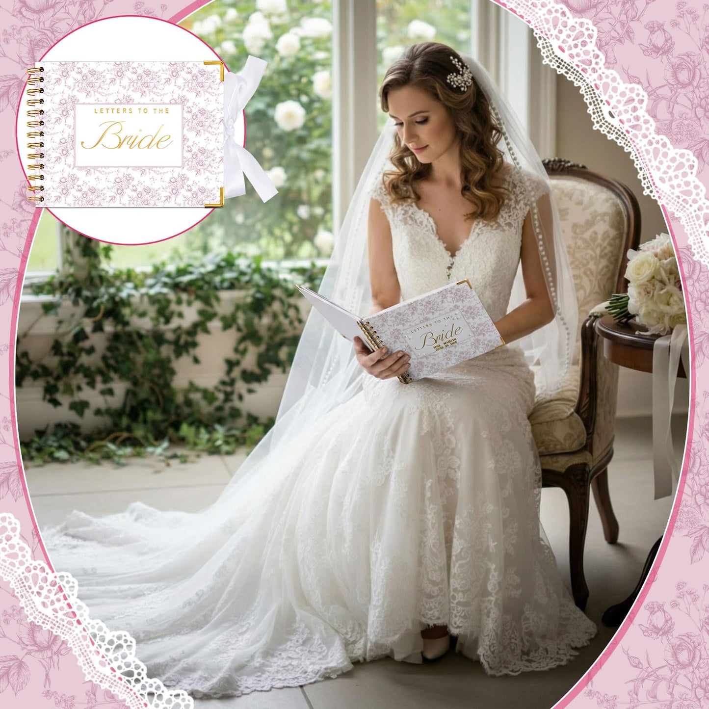 Humyoun Wedding Guest Book Letters to The Bride Scrapbook Wedding Memory Book Bridal DIY Blank Paper Scrapbook Photo Album Guest Sign with Pearl Stickers(8.5 x 7 Inch,Floral,Pink)