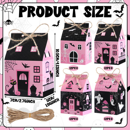 Zhanmai 48 Pcs Pink Halloween Treat Boxes Mini Black Castle House Candy Pink Box Small Halloween Paperboard Gift Container for Holiday Party Treat Cookie Goodie Snack Gift Packaging