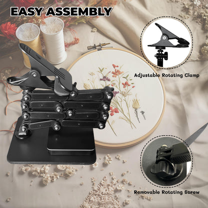 OWFCCLA Embroidery Hoop Holder Stand for Cross Stitch - Adjustable Lap & Table Stand with Weighted Metal Base & Storage Organizer - Hands Free Foldable Embroidery Stand for Floor, Sitting & Tabletop.
