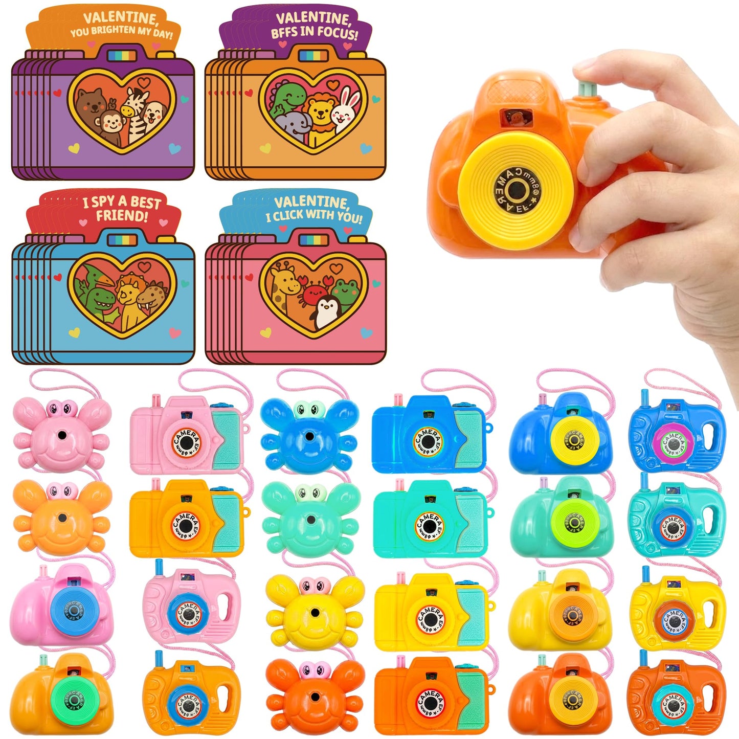 Valentines Day Cards for Kids School – 28 Pack Kids Viewfinder Toy Cameras with Greeting Cards, Classroom Exchange Valentine Gifts for Boys and Girls, Cards + Toys Bulk Set for School Valentine Party