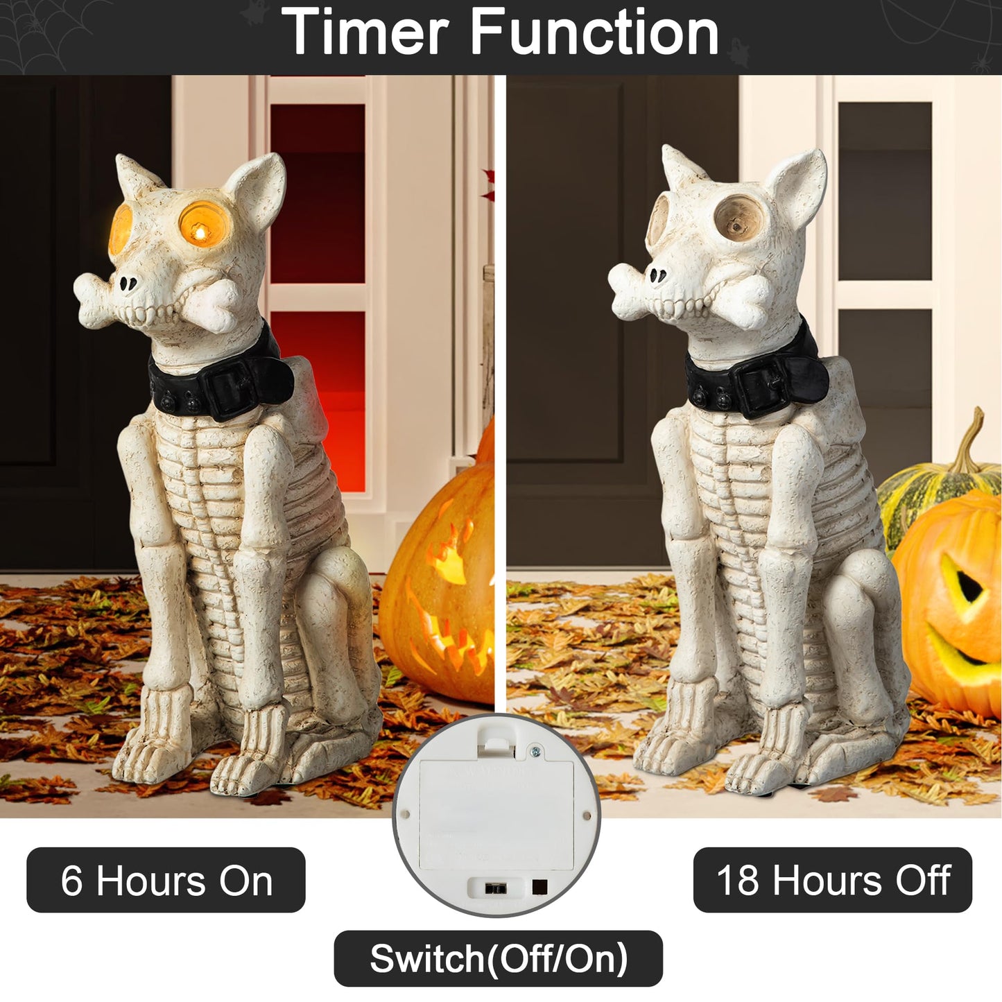 Glitzhome Halloween Porch Decorations, Lighted Halloween Front Porch Standing Sign Decor with Timer, MGO Skeleton Dog Sign for Indoor Patio Party, 20.5" H