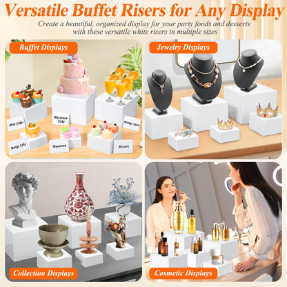 10 Pcs White Acrylic Buffet Risers with Mini Sign and Marker, Food Display Stands for Buffet Table Party Catering Dessert Jewelry Collectibles, Acrylic Cube Nesting Boxes with Hollow Bottoms 8 Sizes (10" 9" 8" 7" 6" 5" 4" 4" 3" 3")