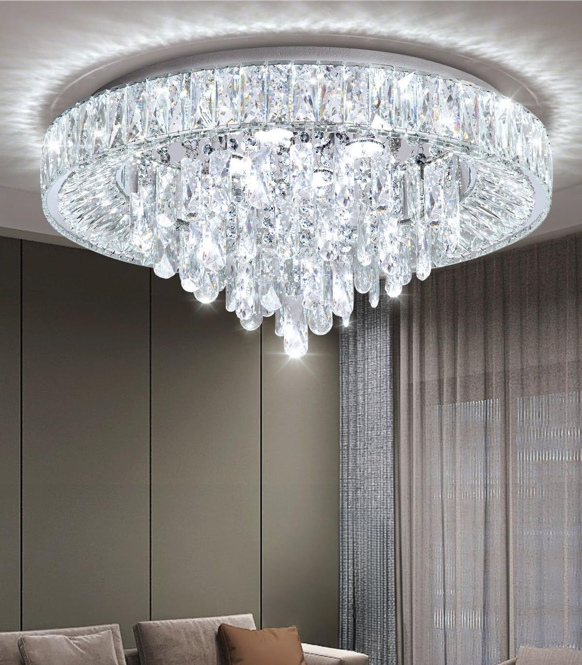 dolria 23.6" Modern Crystal Chandeliers LED Dimmable Flush Mount Ceiling Chandeliers for Living Room Entrance Foyer Bedroom Silver