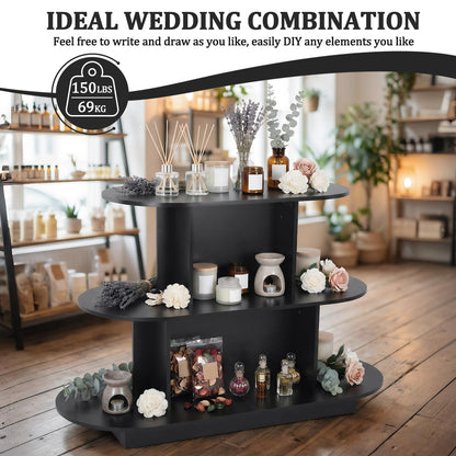 Hubxinly 3 Tier Wooden Oval Display Table Modern Standing Display Riser Shelf Retail Table for Stores Vendor Events 55in W x 23.6in D x 35in H (Black)