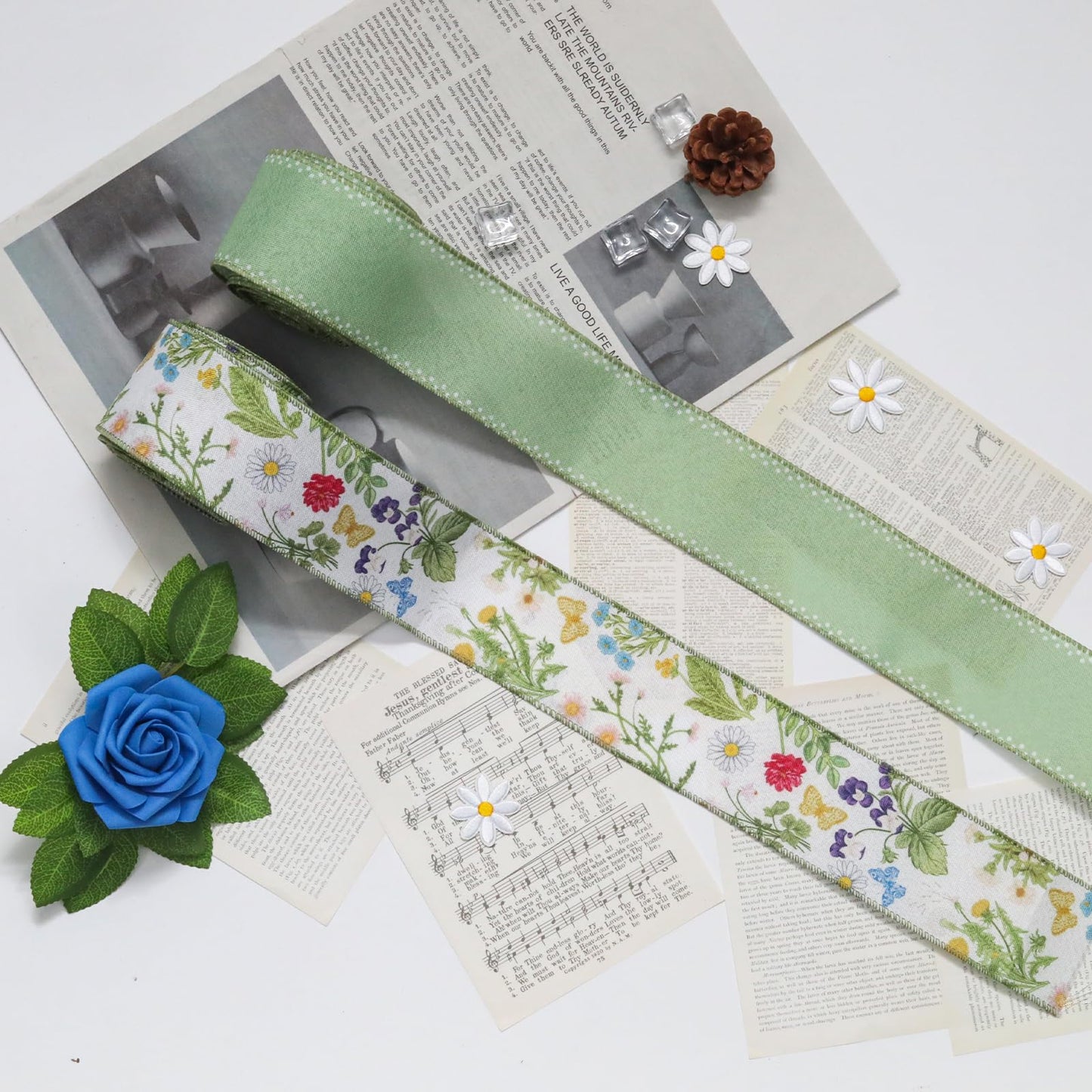 OYWOBET Green Wired Edge and Retro Wild Floral Craft Ribbon, Spring Fabric Botanical Decor Ribbon for Wreath Bow Making DIY Wrapping Party Decor Supplies(2 Rolls,10 Yards Per)
