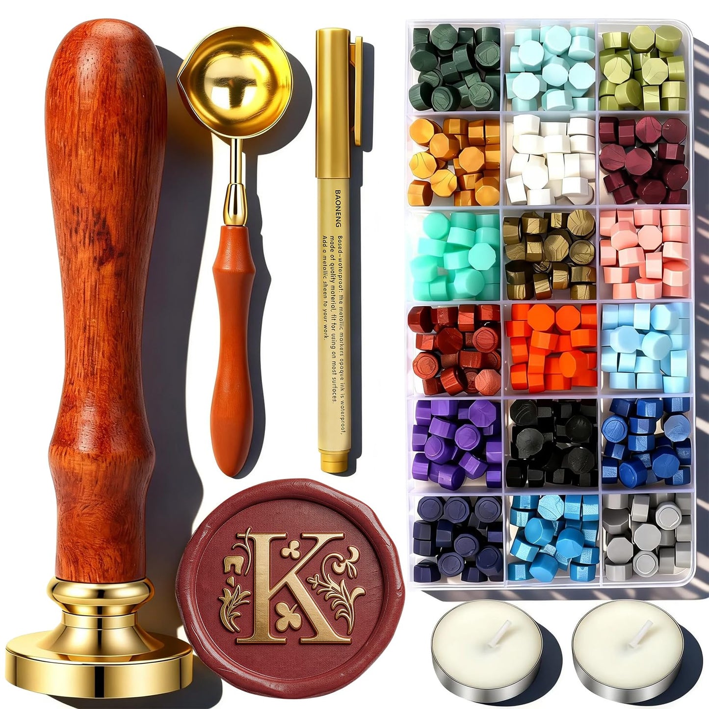 K Wax Seal Stamp Kit, TEKGERLU 360 PCS 18 Colors Wax Beads, Copper K Letter Stamp with Solid Wood Handle, Full Tools for Birthday Presents, Custom DIY, Friend Gifts