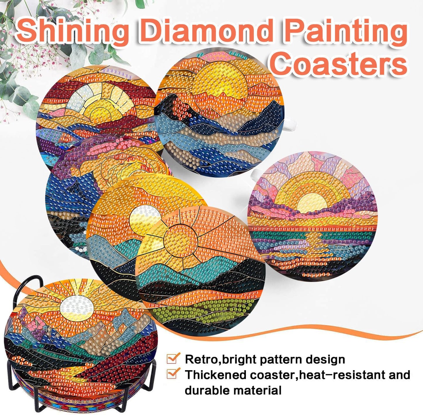 ijbnhd 8 Pcs Sunset Diamond Art Coasters Kits, Sunset Diamond Painting Coasters Kit with Holder, Non Slip Coaster Crafts Kits for Adults Gifts 4x4 inch (Cork Wooden Pad)