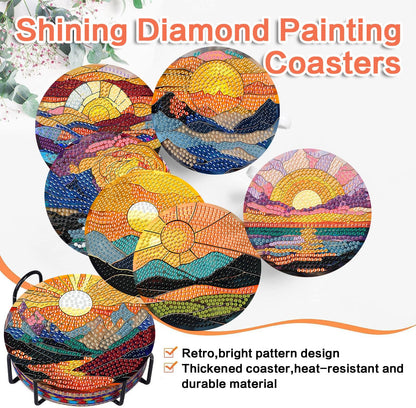 ijbnhd 8 Pcs Sunset Diamond Art Coasters Kits, Sunset Diamond Painting Coasters Kit with Holder, Non Slip Coaster Crafts Kits for Adults Gifts 4x4 inch (Cork Wooden Pad)