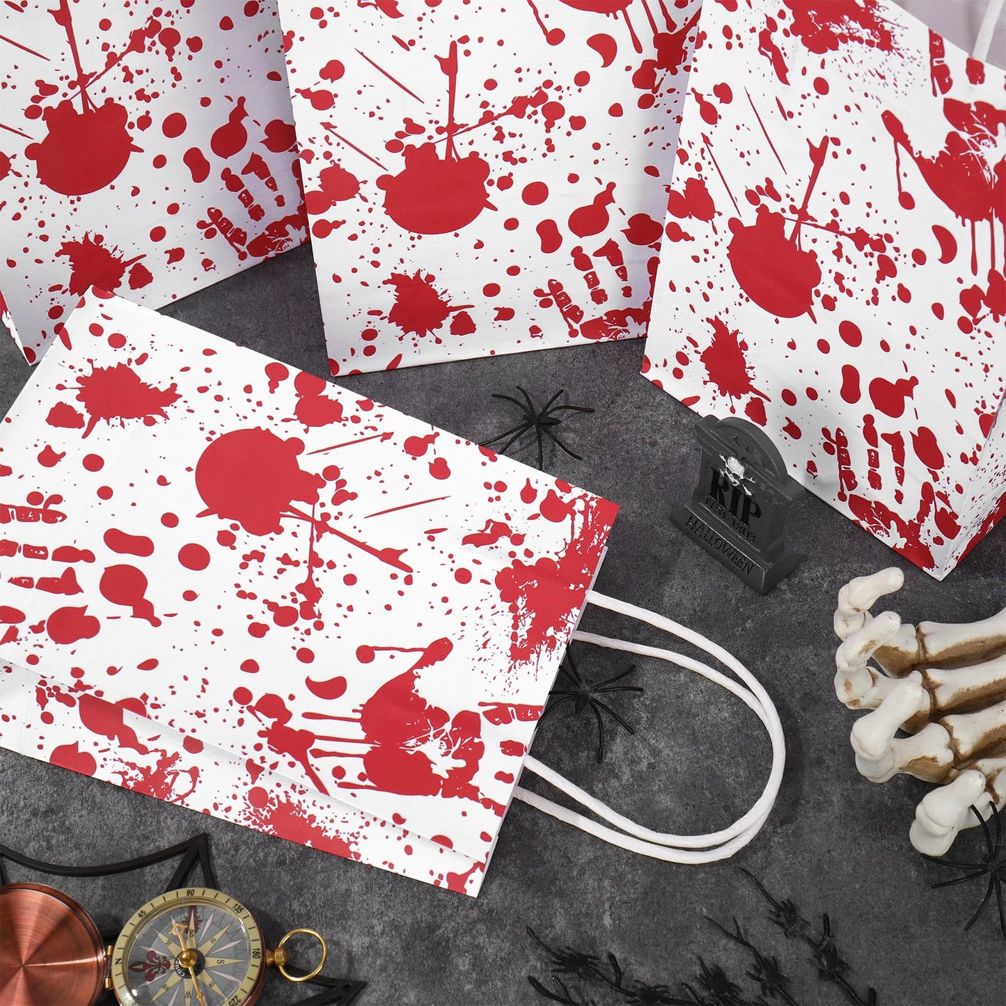 JarThenaAMCS 24 Pcs Halloween Paper Gift Bags with Handles and Tissue Paper Red Bloody Handprint Party Favor Bags for Gift Candy Goodie Snacks Trick or Treat Wrap Party Favors Supplies Decorations