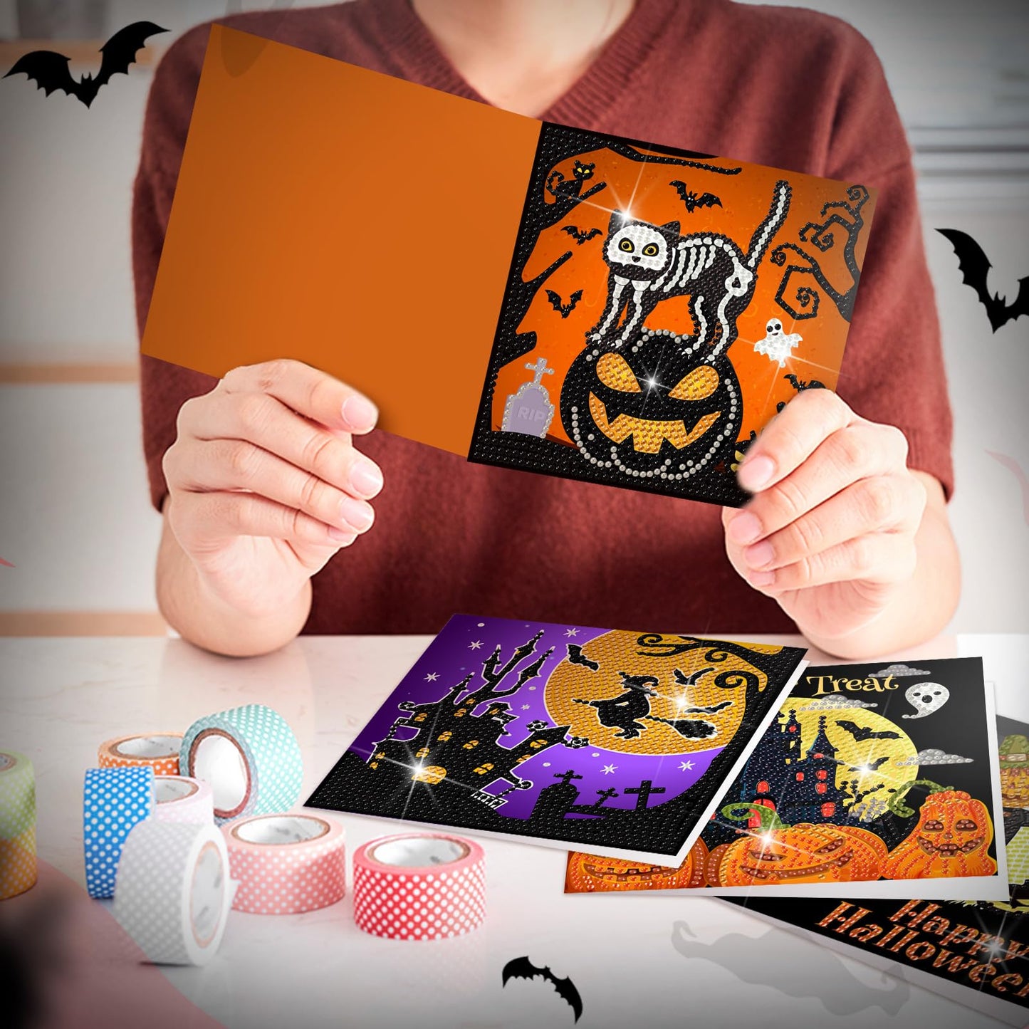Saillong 12 Pack Halloween Diamond Painting Greeting Card Kits DIY Diamond Art Cards with Envelopes Bat Black Cat Pumpkin 5D Rhinestones Painting for Adults DIY Craft Family Friend Halloween Gifts