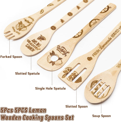 5Pcs Lemon Wooden Cooking Spoons Set - Summer Lemon Theme Kitchen Utensils, Natural Non-Stick Carve Burned Bamboo Spoon