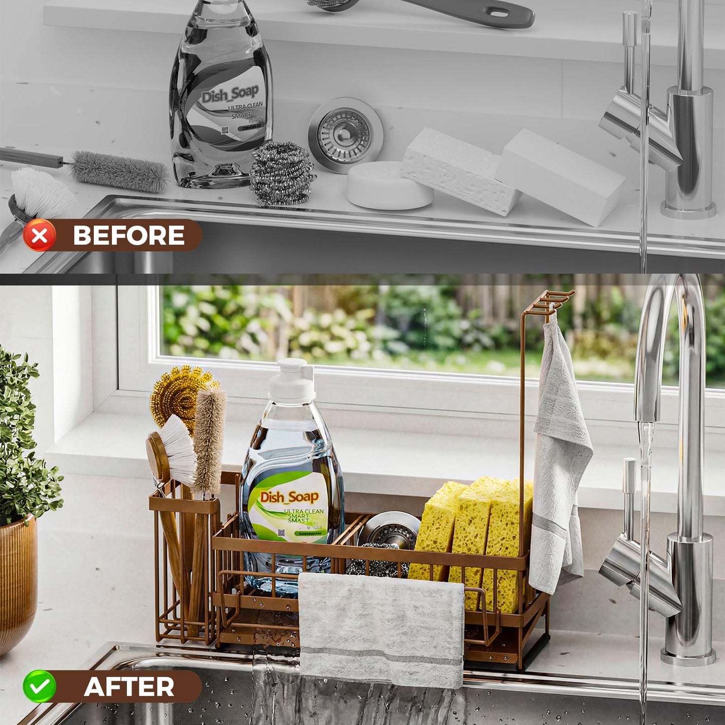 Sponge Holder for Kitchen Sink – Rustproof Stainless Steel with Detachable Drainboard, Brush Rack & Towel Bar | Compact, Non-Slip Design for Countertop Bathroom