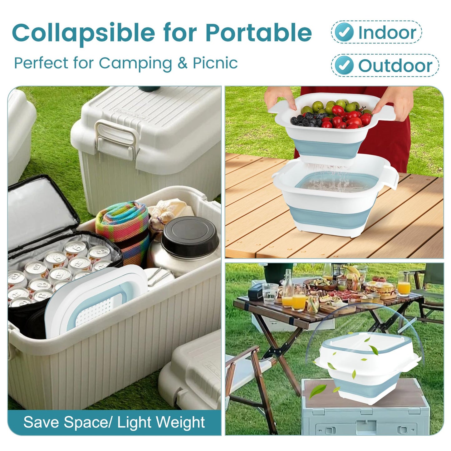 ROTTOGOON Collapsible Colander Set with Strainer Bowl, 2 in 1 Fruit Washing Basket with Strainer, 5 + 3 QT Plastic Colanders for Kitchen, Foldable Double Layered Colanders Bowl for Vegetable, Grey