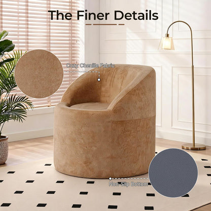 Barrel Accent Chair, Modern Chenille Reading Chair with Ergonomic Curved Back, Round Supportive Armchair for Living Room, Bedroom, Reading Corner & Office, No Assembly Required, Camel