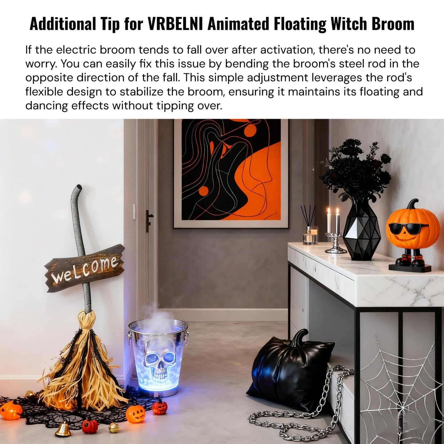 Halloween Witches Decor, Witches Broom Halloween Decor, Animated Floating Broomstick for Spooky Sounds, Haunted Party Decorations, Light-up Dancing Magic Witch Broom Porch Decor
